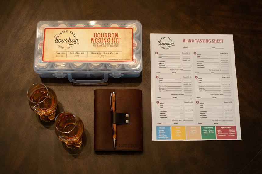 Bourbon Nosing Kit Bundle, Two Bourbon Tasting Glasses, Leather Tasting Journal, Whiskey Barrel Pen, Blind Tasting PDF