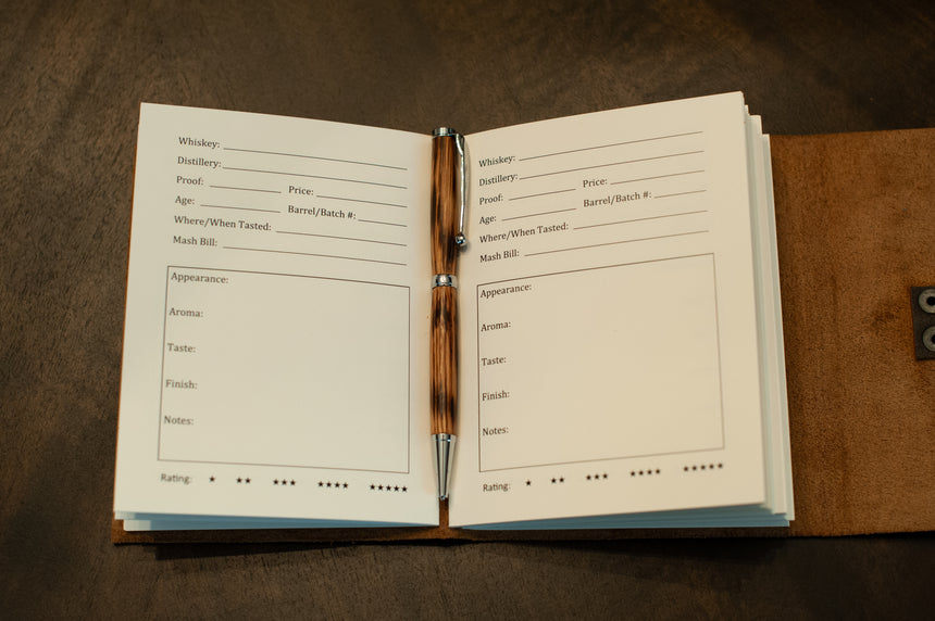 Bourbon Tasting Note Journal, Open showing templated pages