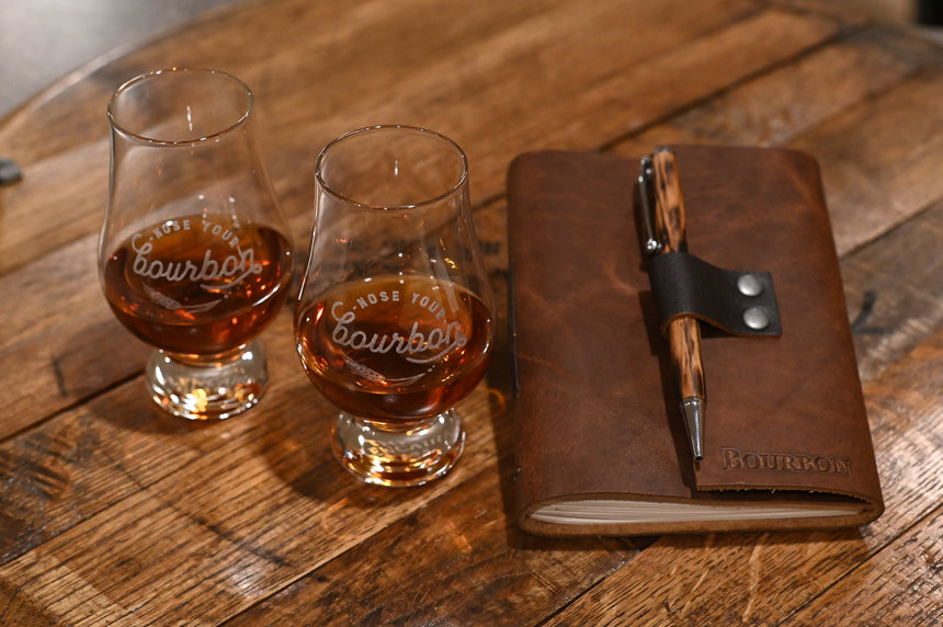 Two Bourbon Tasting Glasses Leather Journal & Whiskey Barrel Pen