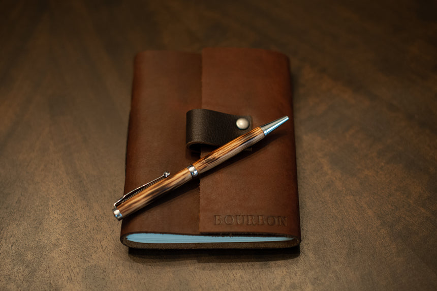 Set of 2 Glencairns, Leather Tasting Note Journal, and Whiskey Barrel Pen
