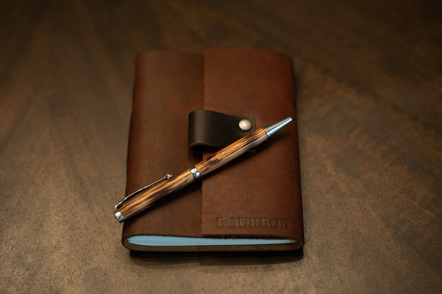 Leather Bourbon Tasting Journal with Bourbon Barrel Pen, Up Close